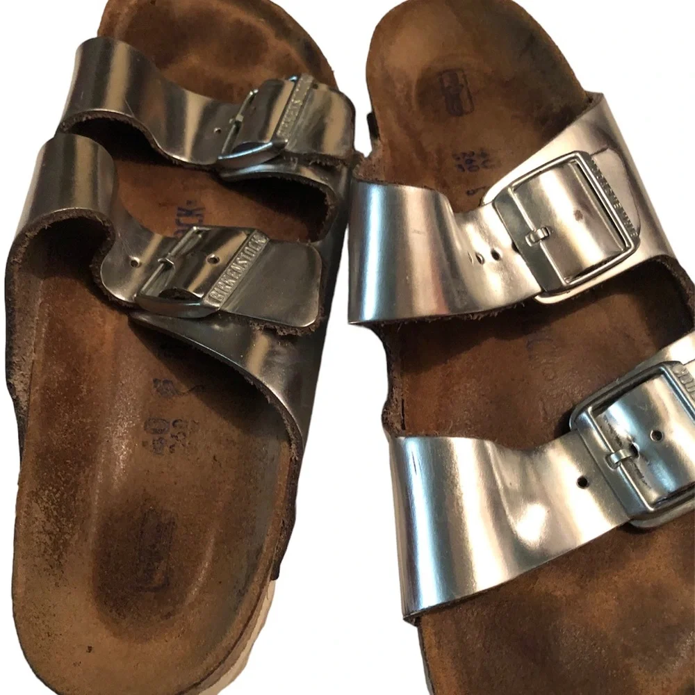 Birkenstock Arizona Softbed Metallic Silver Narrow (Women's)